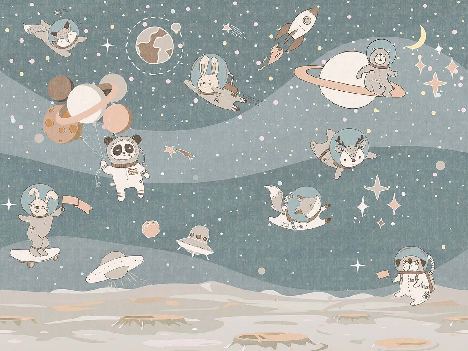 Cartoon space scene with planets and stars