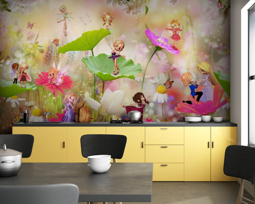 Group of cartoon fairies on flowers