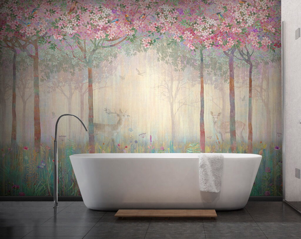 Painting of a forest with trees and flowers Painting of a forest with trees and flowers