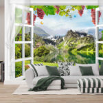 Фотошпалери Вікно з видом на озеро та гори