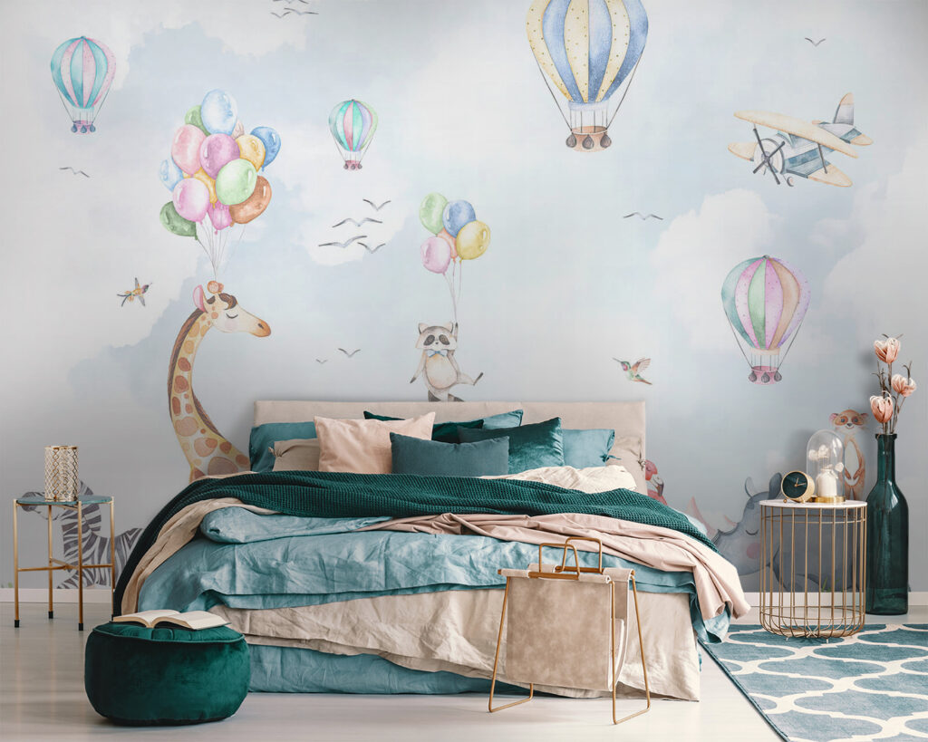 Watercolor of animals and balloons