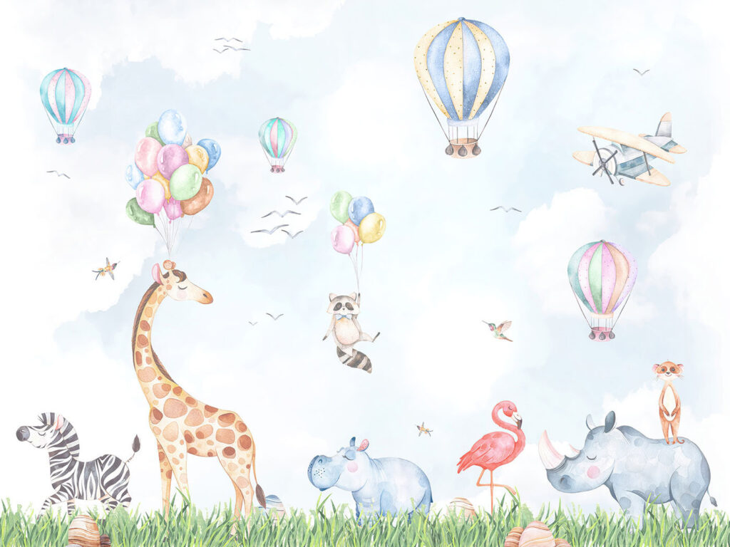 Watercolor of animals and balloons