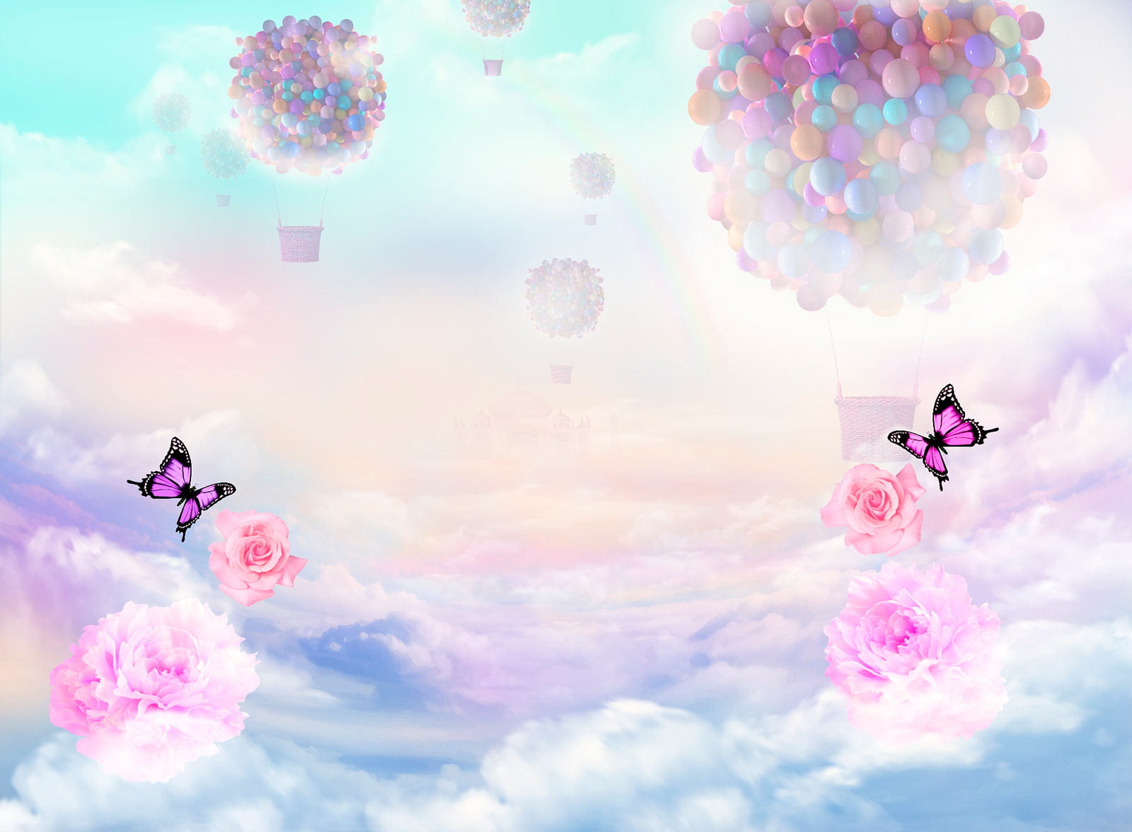 Group of balloons and butterflies in the sky Group of balloons and butterflies in the sky