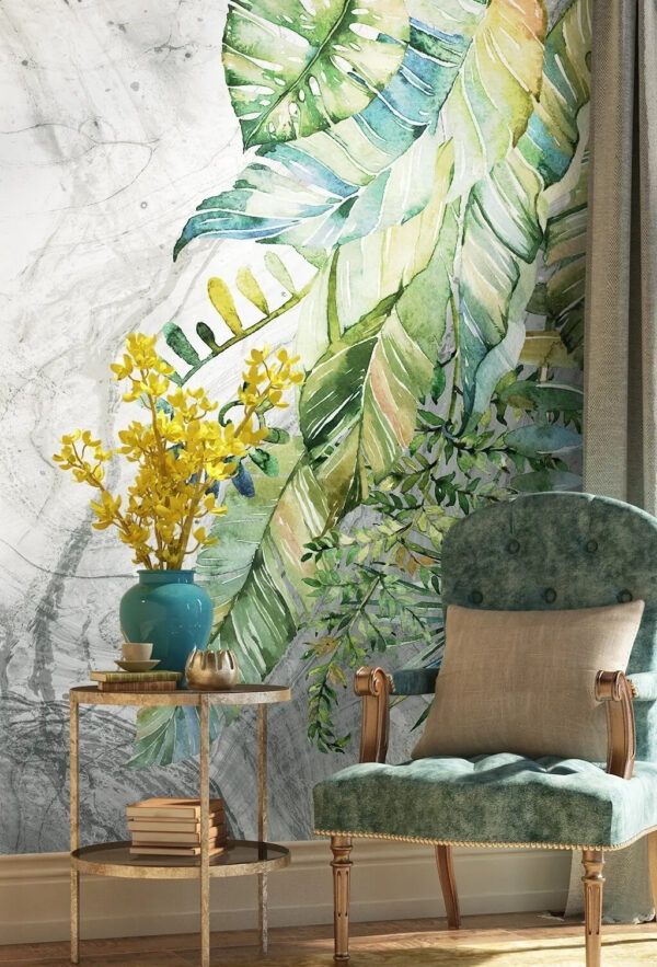 Розпис листя на мармуровій поверхні Фотошпалери Розпис листя на мармуровій поверхні