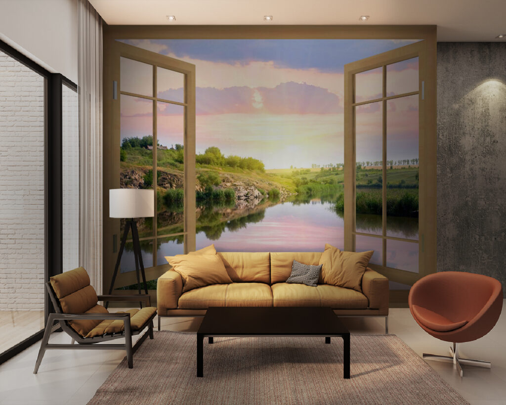Window with a view of a river and a grassy hill Window with a view of a river and a grassy hill