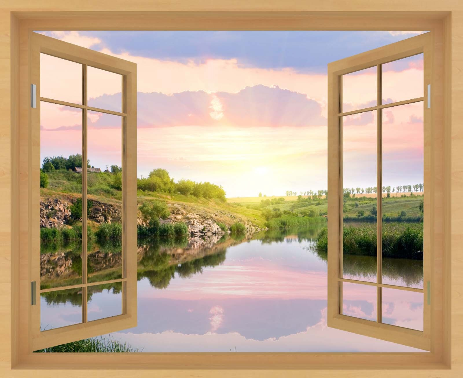Window with a view of a river and a grassy hill Window with a view of a river and a grassy hill