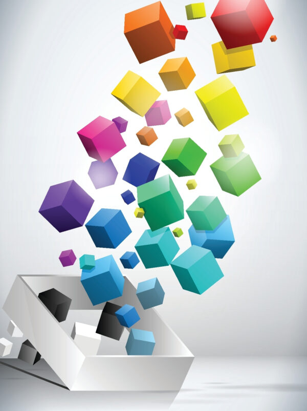 Colorful cubes falling into a box