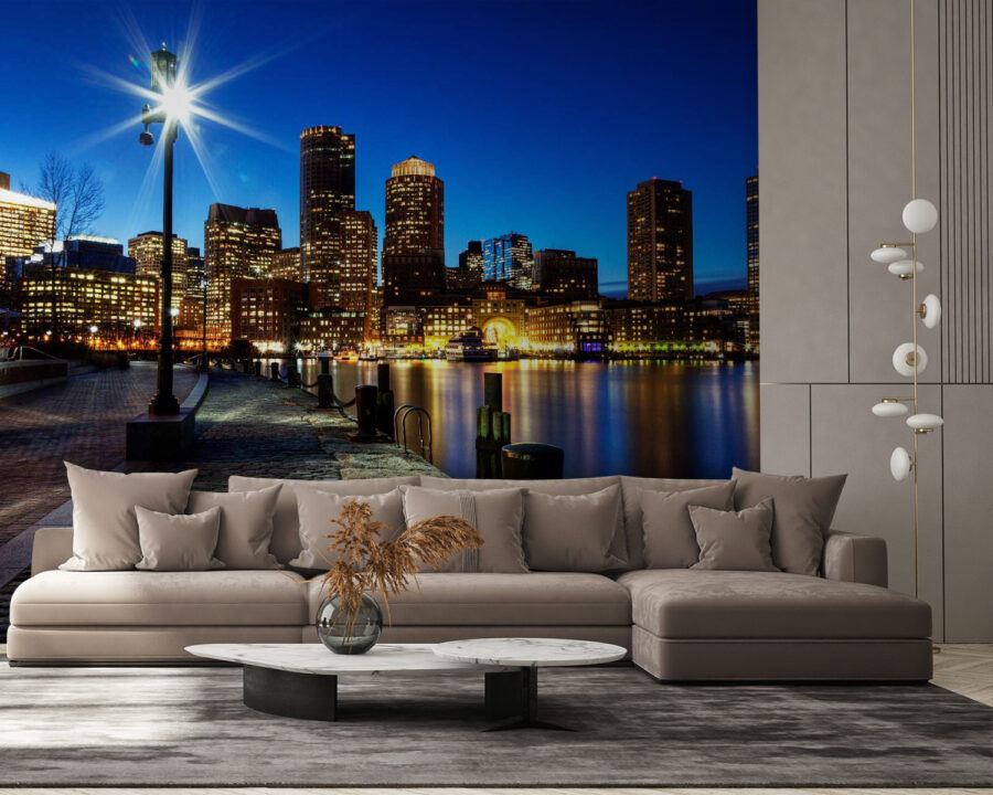 Wall murals City skyline at night with a body of water