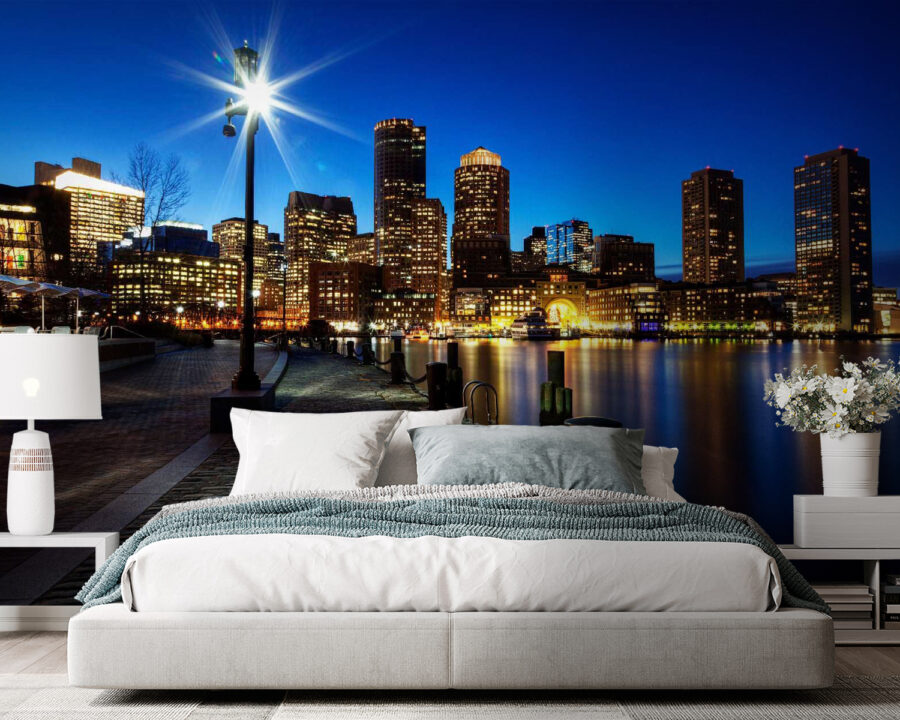 Wall murals City skyline at night with a body of water