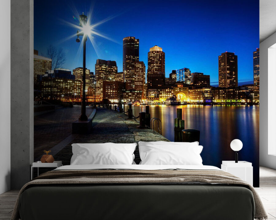 Wall murals City skyline at night with a body of water