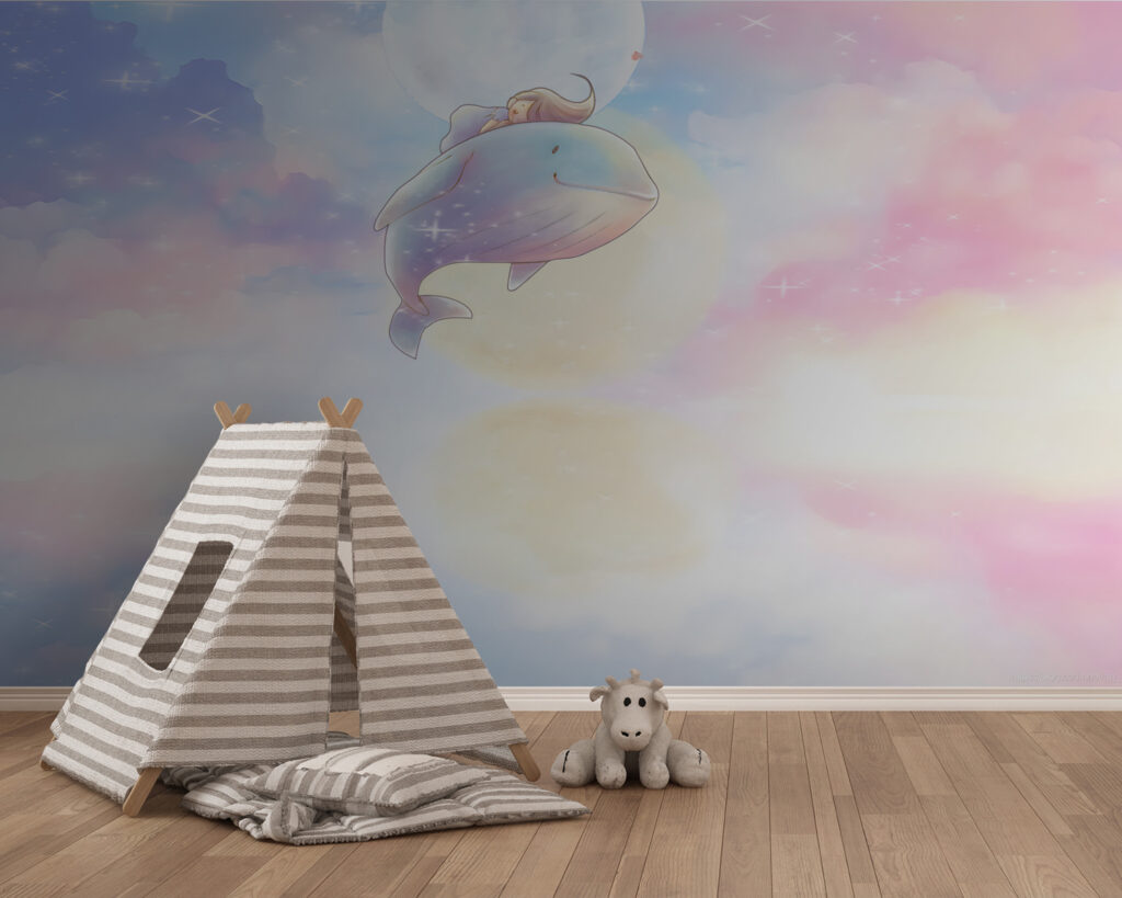 Cartoon of a girl riding a whale