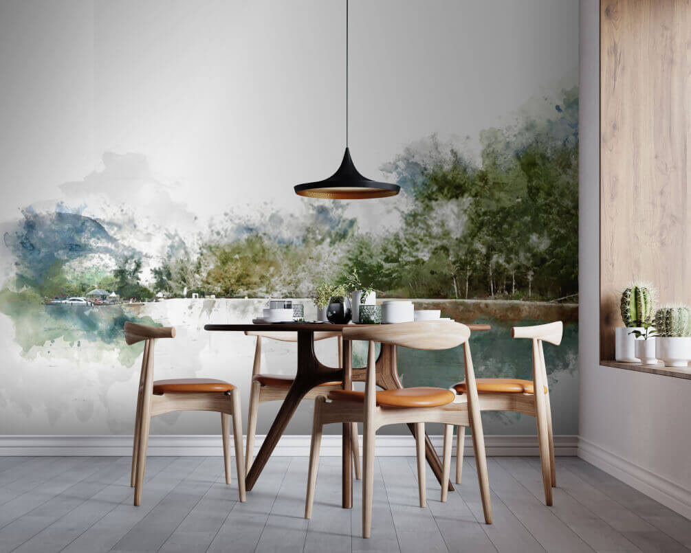 u51105pik1m - Акварель озера з деревами та горами на задньому плані - tegory