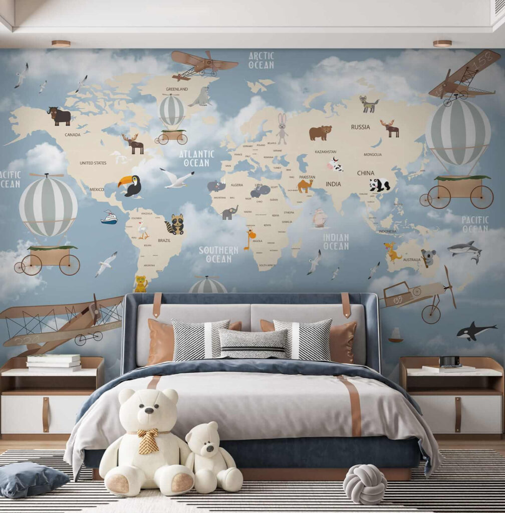 Map of the world with different animals and birds Map of the world with different animals and birds