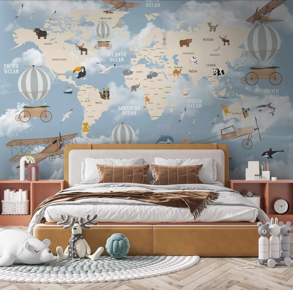 Map of the world with different animals and birds Map of the world with different animals and birds