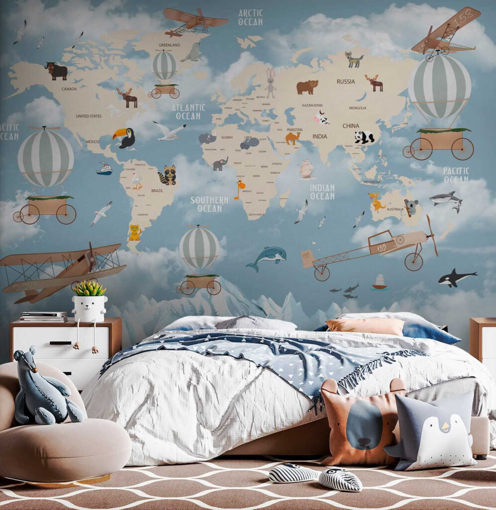 Map of the world with different animals and birds Map of the world with different animals and birds