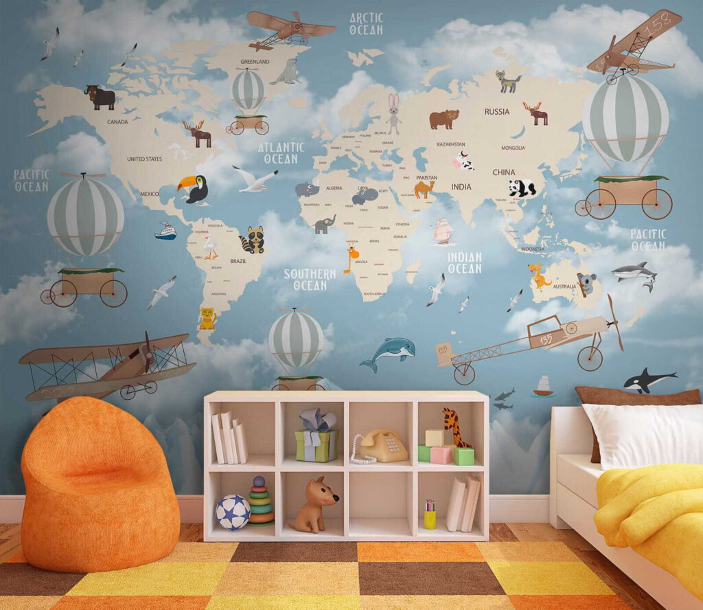 Map of the world with different animals and birds Map of the world with different animals and birds