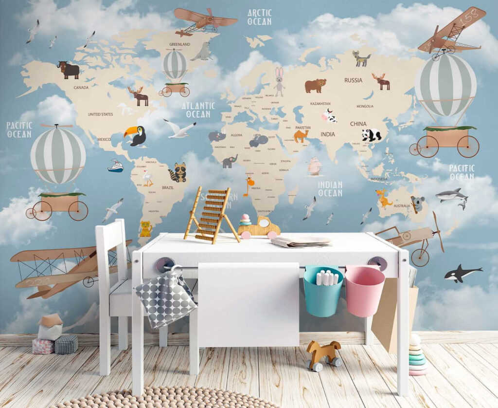 Map of the world with different animals and birds Map of the world with different animals and birds