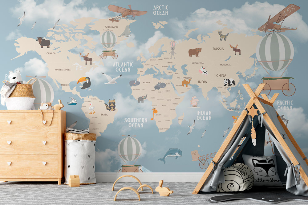 Map of the world with different animals and birds Map of the world with different animals and birds