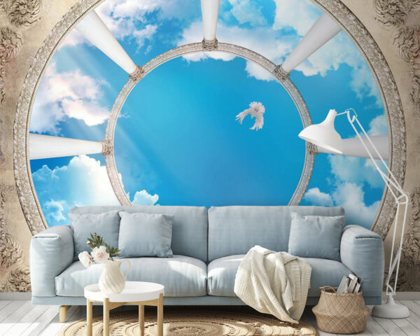 Wall murals Circular ceiling with columns and a bird flying through the sky Wall murals Circular ceiling with columns and a bird flying through the sky