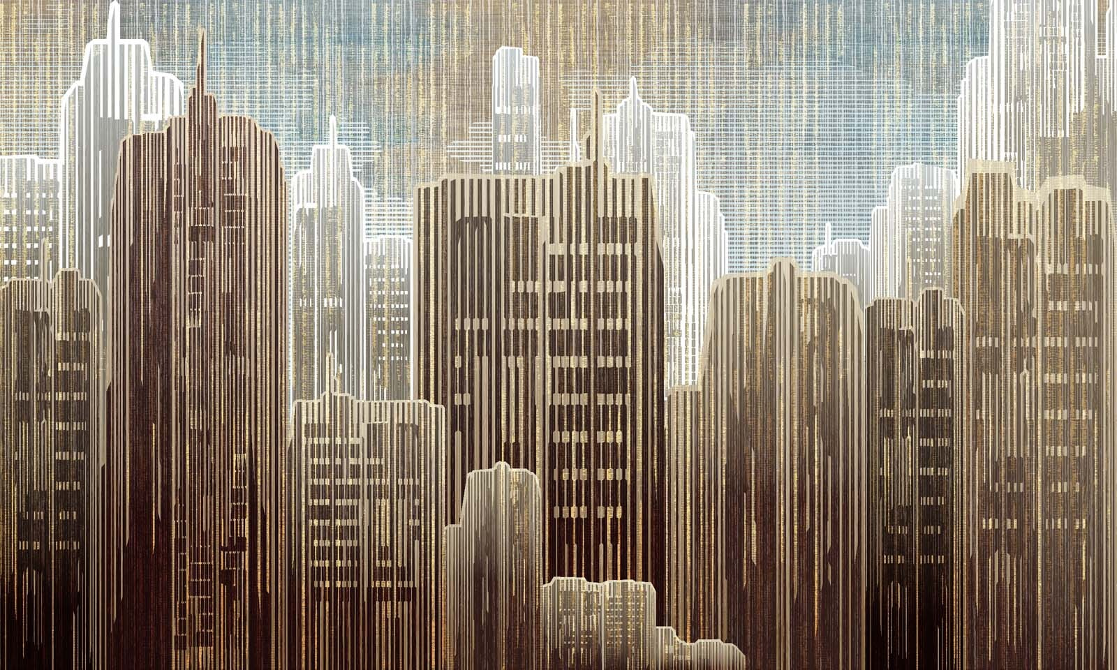 City skyline with many tall buildings