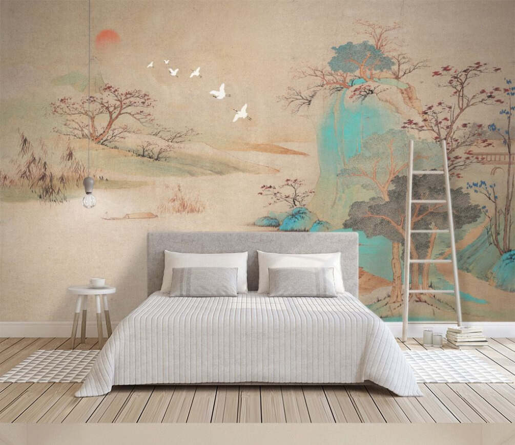 Painting of a landscape with trees and birds flying Painting of a landscape with trees and birds flying