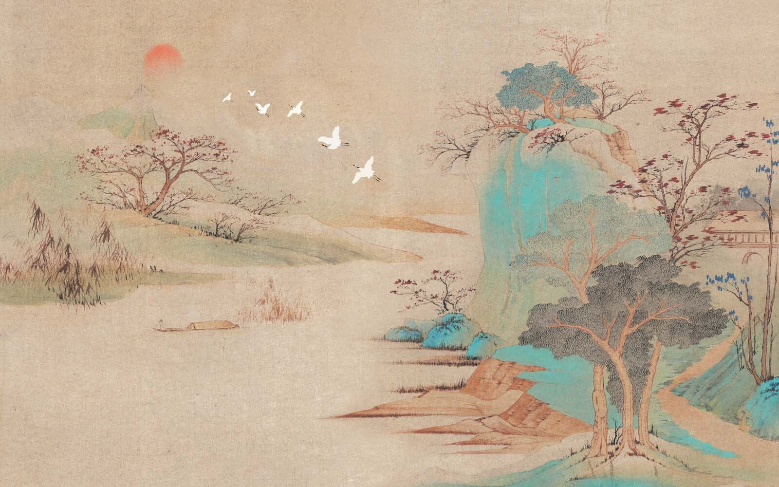 Painting of a landscape with trees and birds flying Painting of a landscape with trees and birds flying