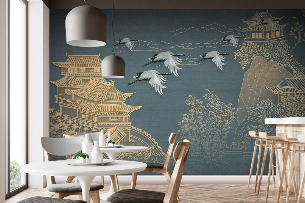 Painting of a landscape with cranes flying over a building Painting of a landscape with cranes flying over a building