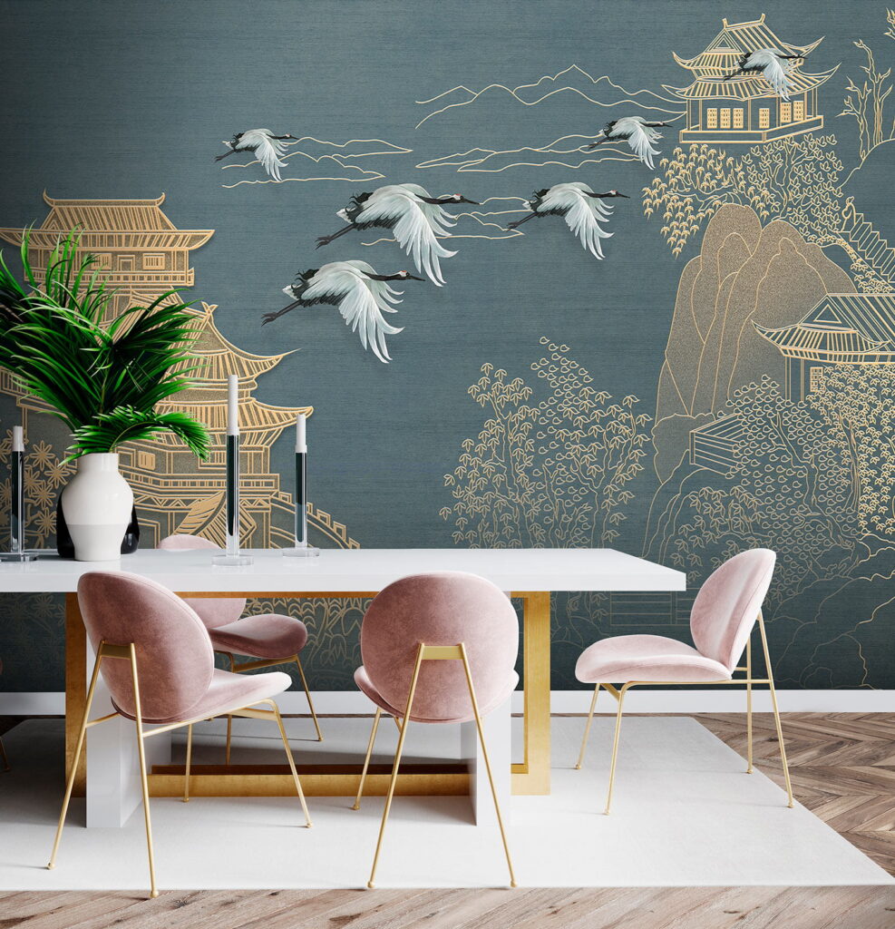 Painting of a landscape with cranes flying over a building Painting of a landscape with cranes flying over a building