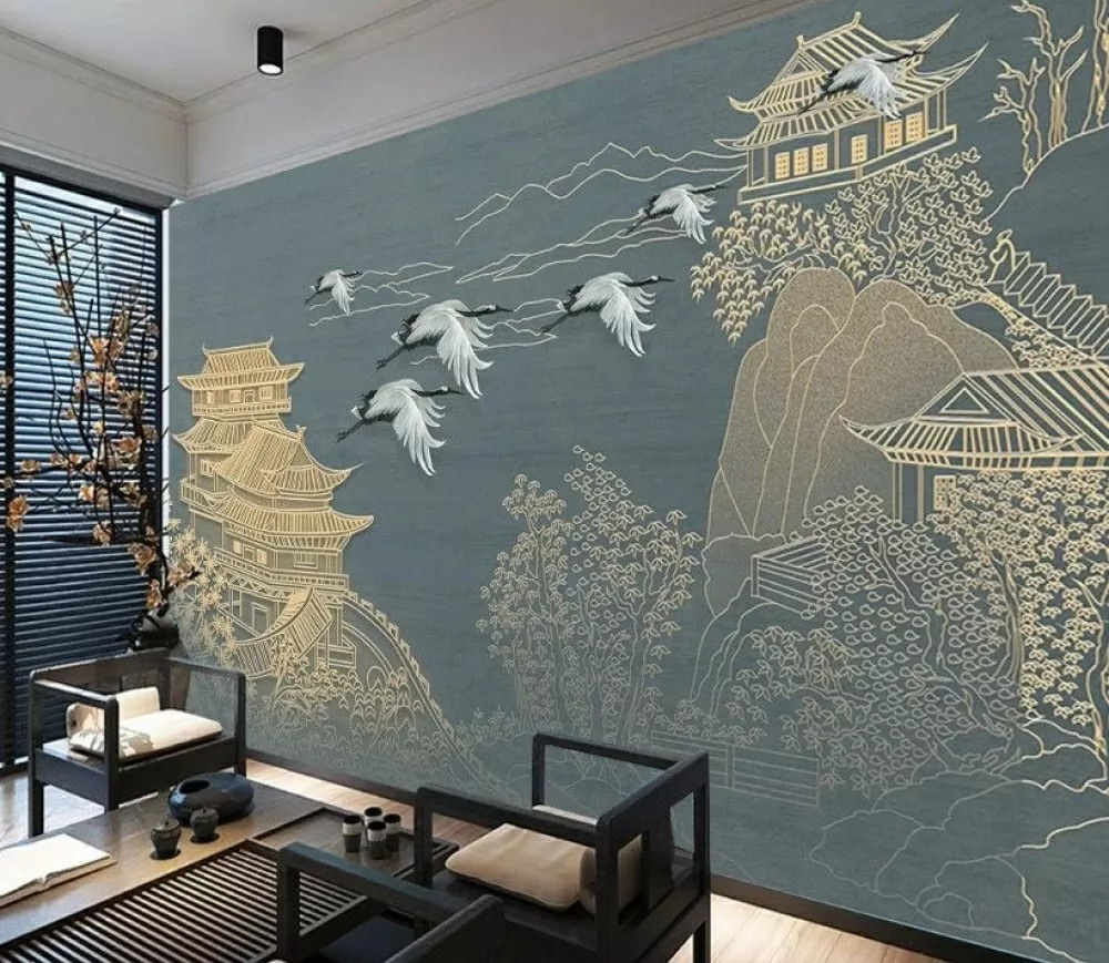 Painting of a landscape with cranes flying over a building Painting of a landscape with cranes flying over a building