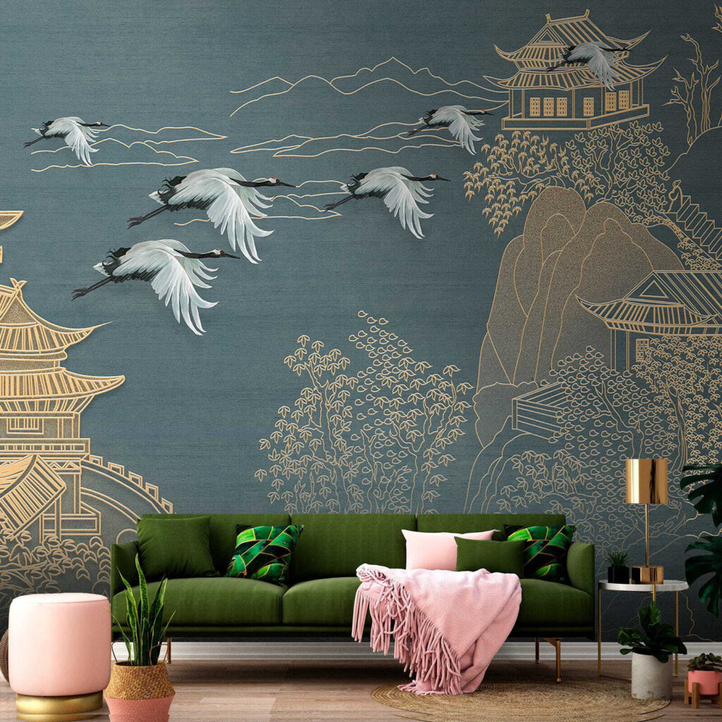 Painting of a landscape with cranes flying over a building Painting of a landscape with cranes flying over a building