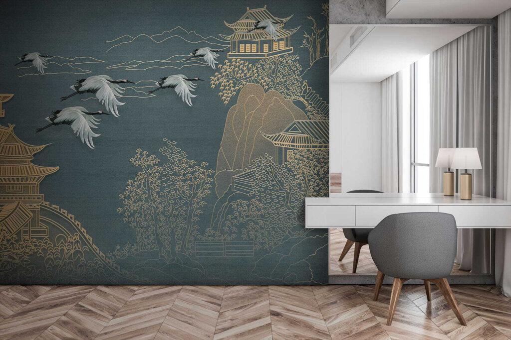 Painting of a landscape with cranes flying over a building Painting of a landscape with cranes flying over a building