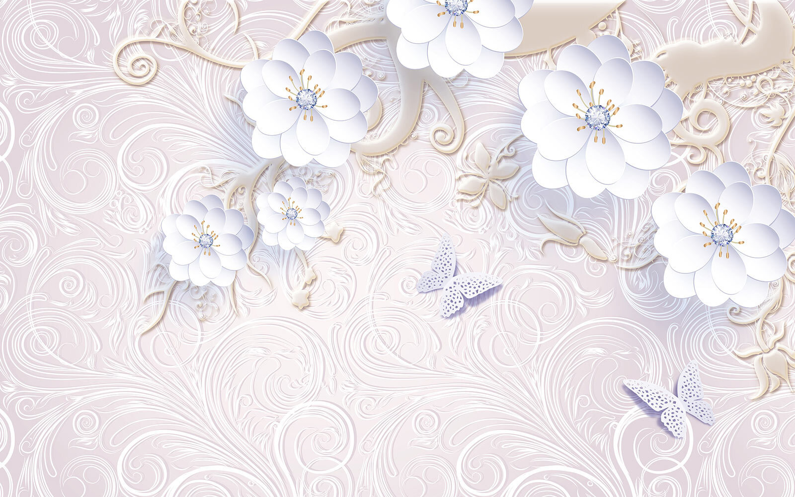 u38554p - Шпалери з білими квітами та метеликами - tegory