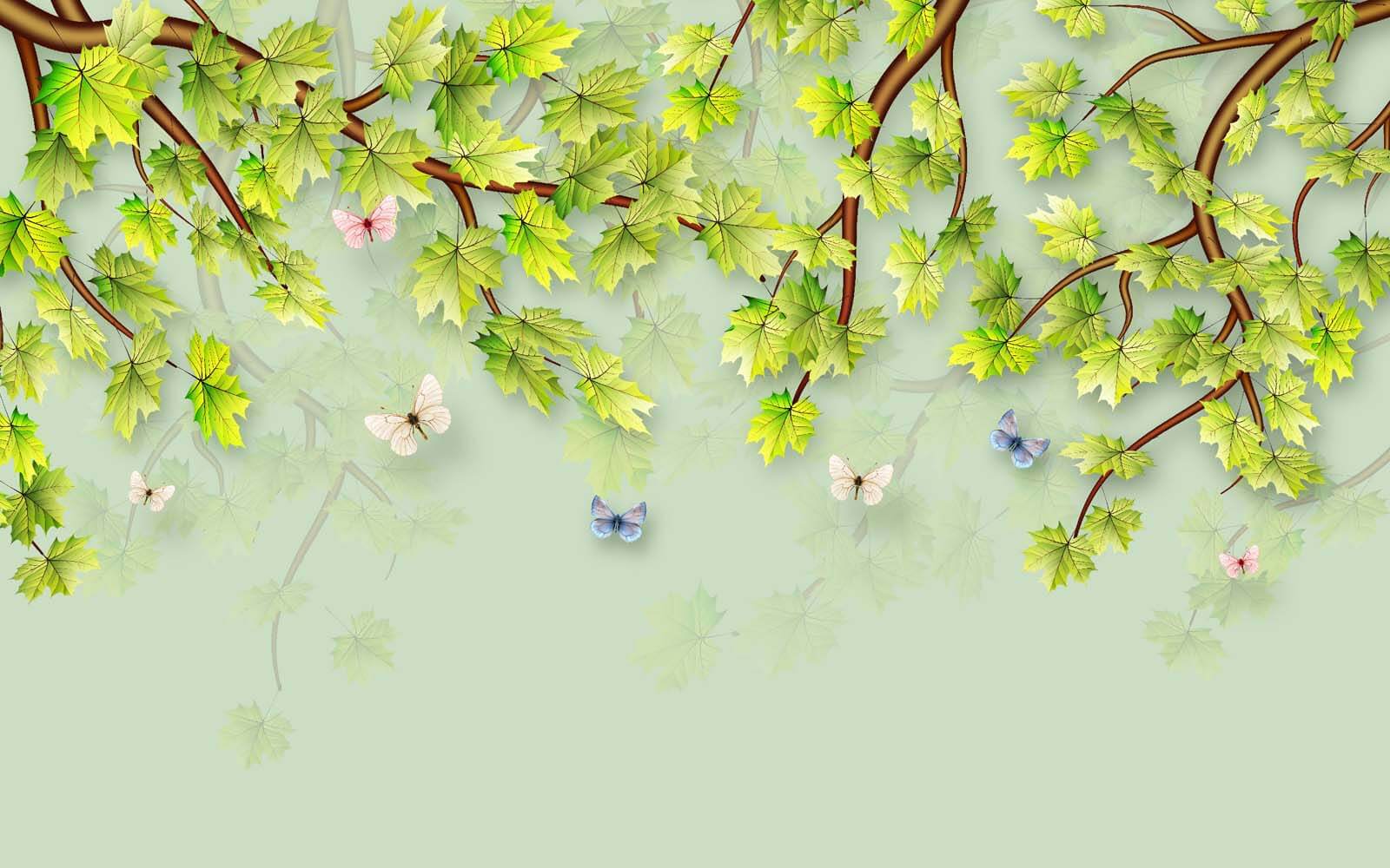 u38526p - Зелене листя і метелики на білому тлі - tegory