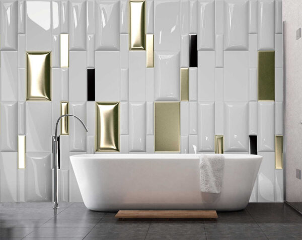 Shimmering tiles in a geometric array Shimmering tiles in a geometric array