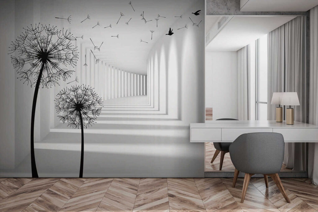 White room with trees and birds flying White room with trees and birds flying