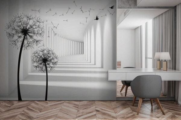 White room with trees and birds flying White room with trees and birds flying