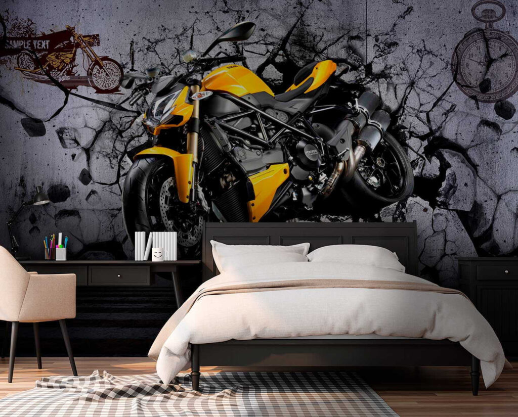 Yellow motorcycle on a wall Yellow motorcycle on a wall