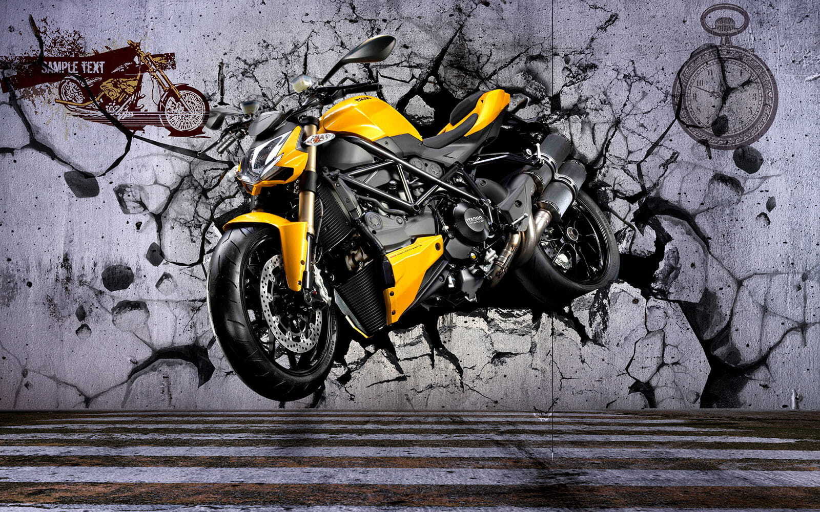 Yellow motorcycle on a wall Yellow motorcycle on a wall