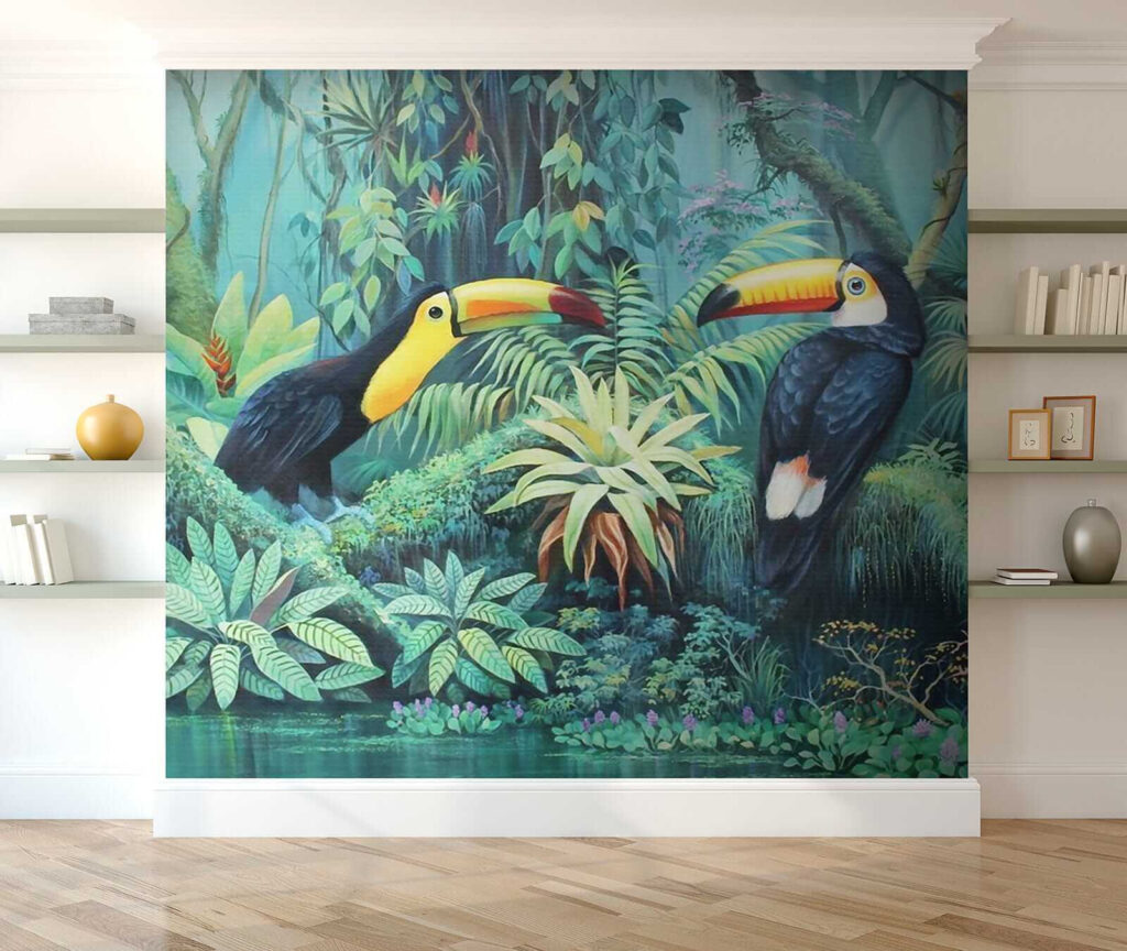 Painting of birds in a forest Painting of birds in a forest