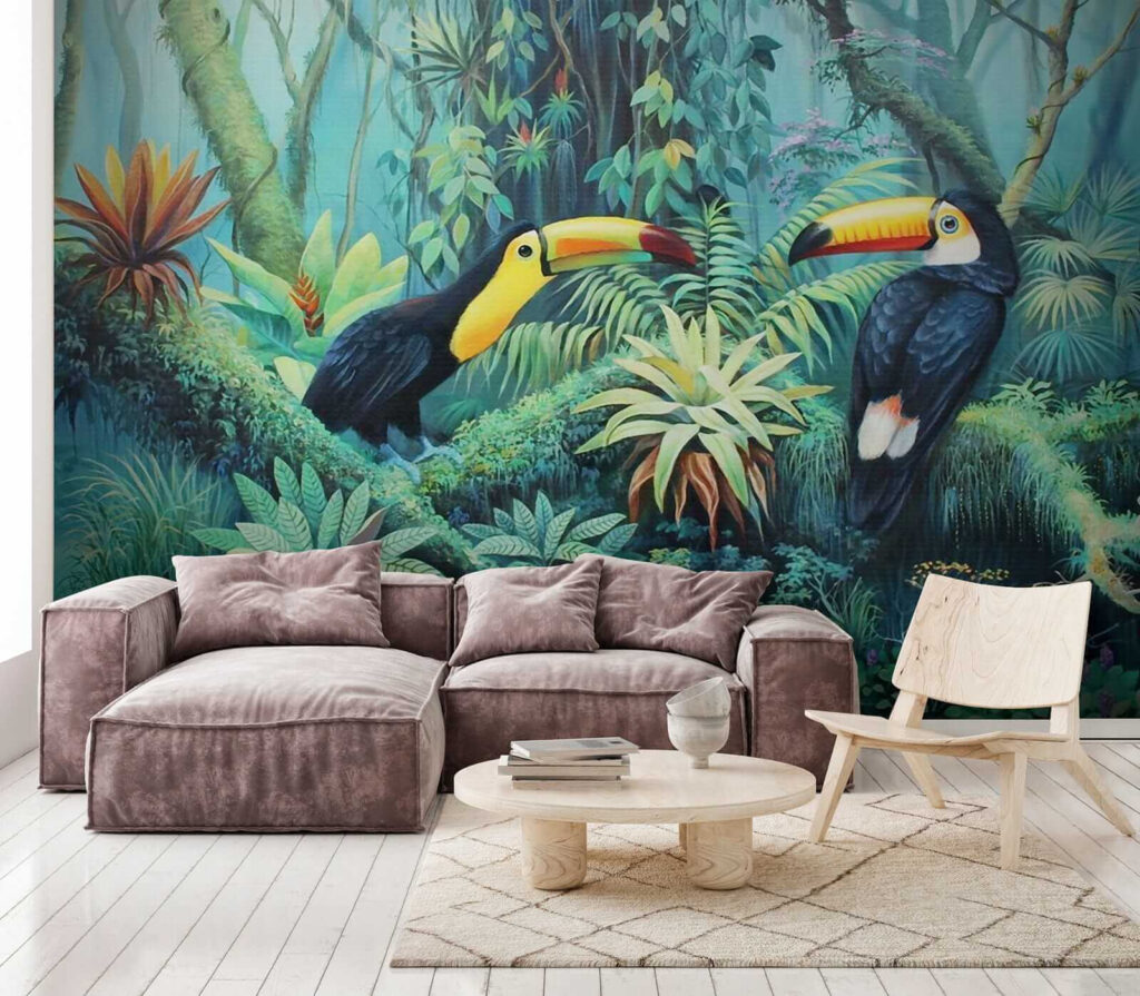 Painting of birds in a forest Painting of birds in a forest