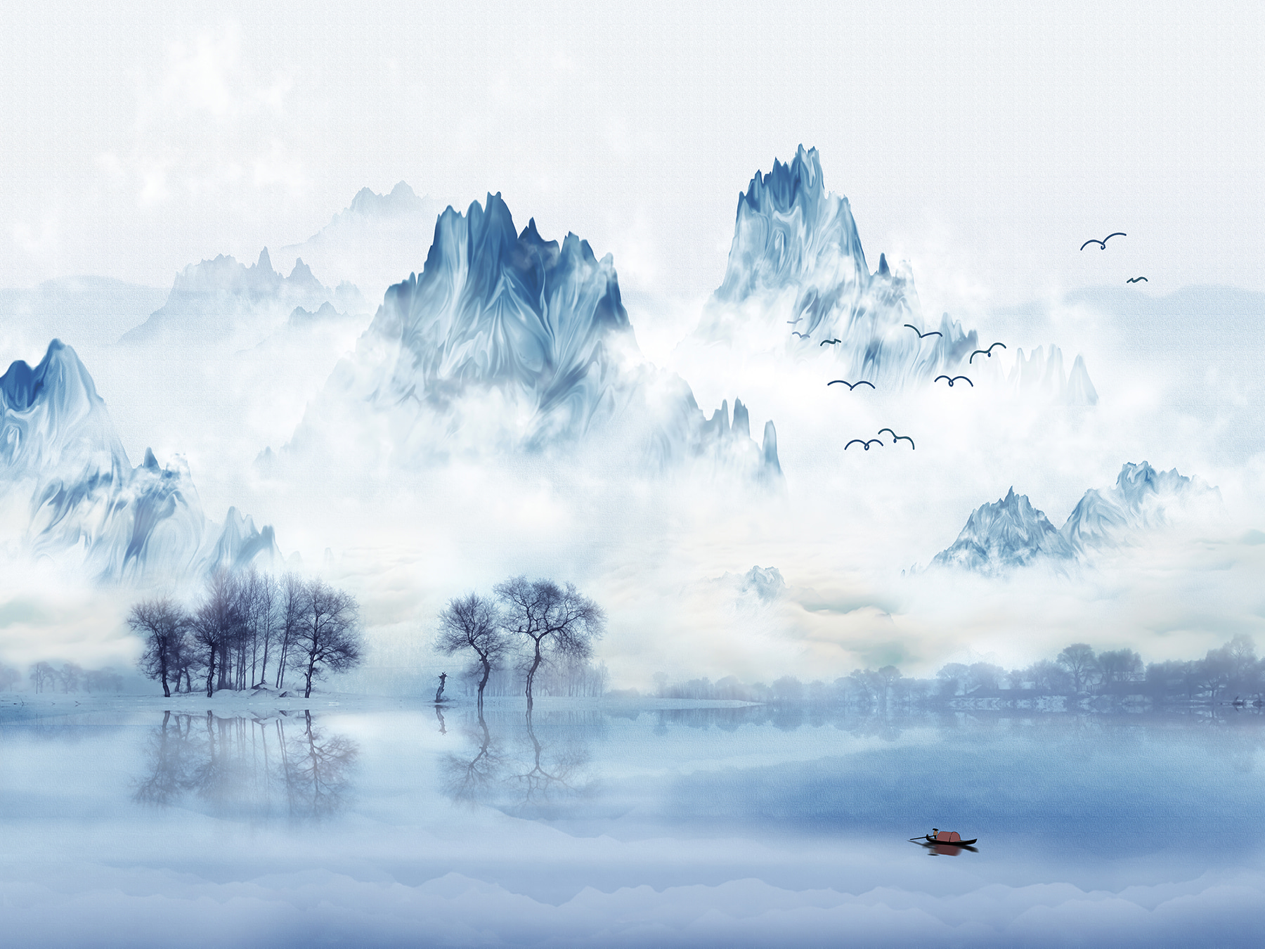 u34471p - Пейзаж озера з деревами та горами на задньому плані - tegory