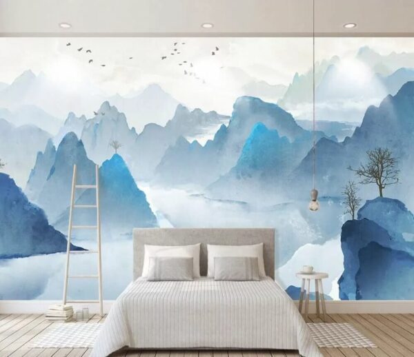Watercolor painting of mountains and birds Watercolor painting of mountains and birds