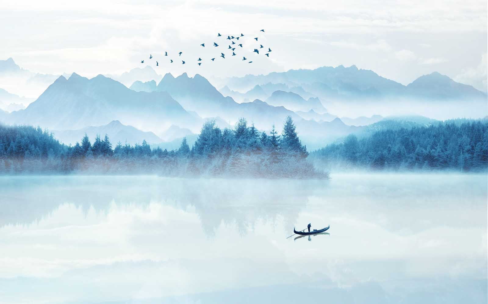 Person in a boat on a lake with birds flying in the sky Person in a boat on a lake with birds flying in the sky