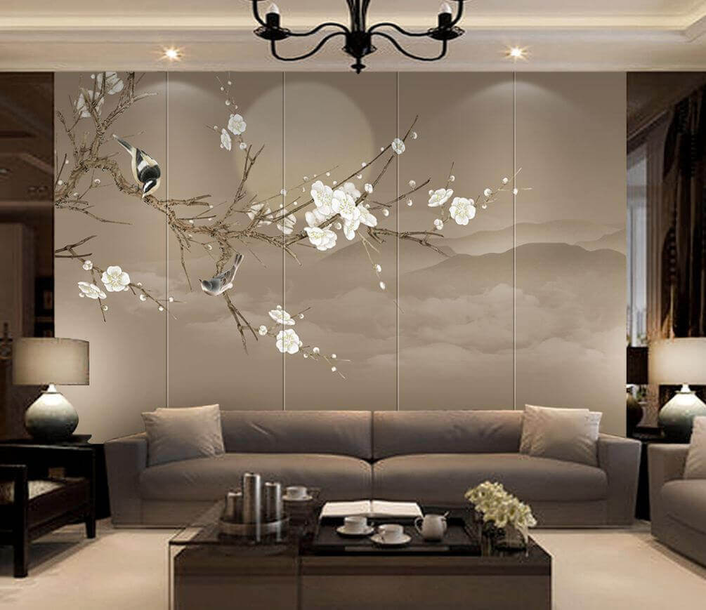 Tree branch with white flowers and a bird on it