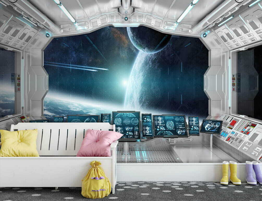 Room with screens and a view of earth from the window Room with screens and a view of earth from the window
