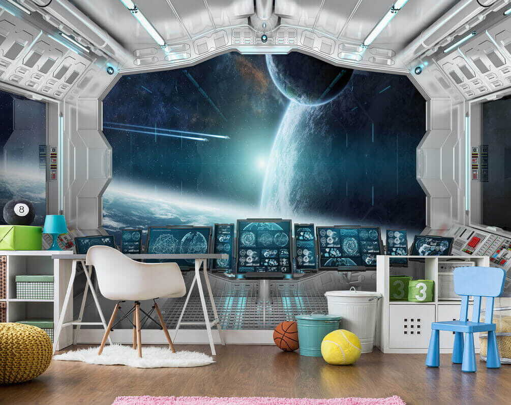 Room with screens and a view of earth from the window Room with screens and a view of earth from the window