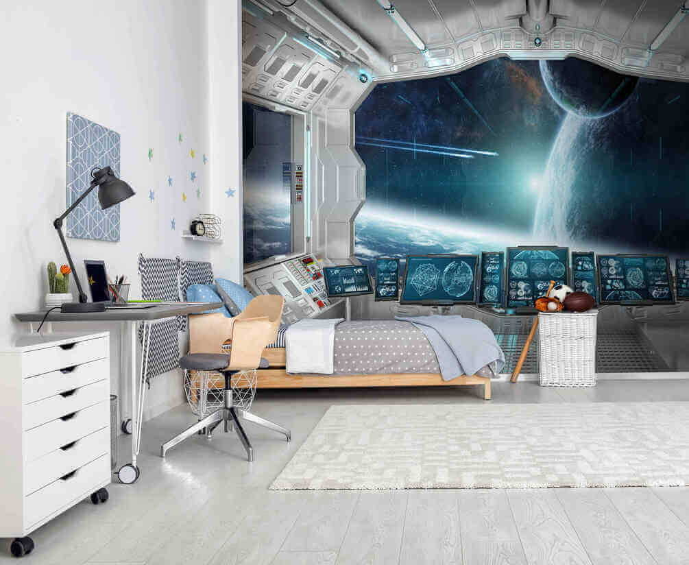 Room with screens and a view of earth from the window Room with screens and a view of earth from the window