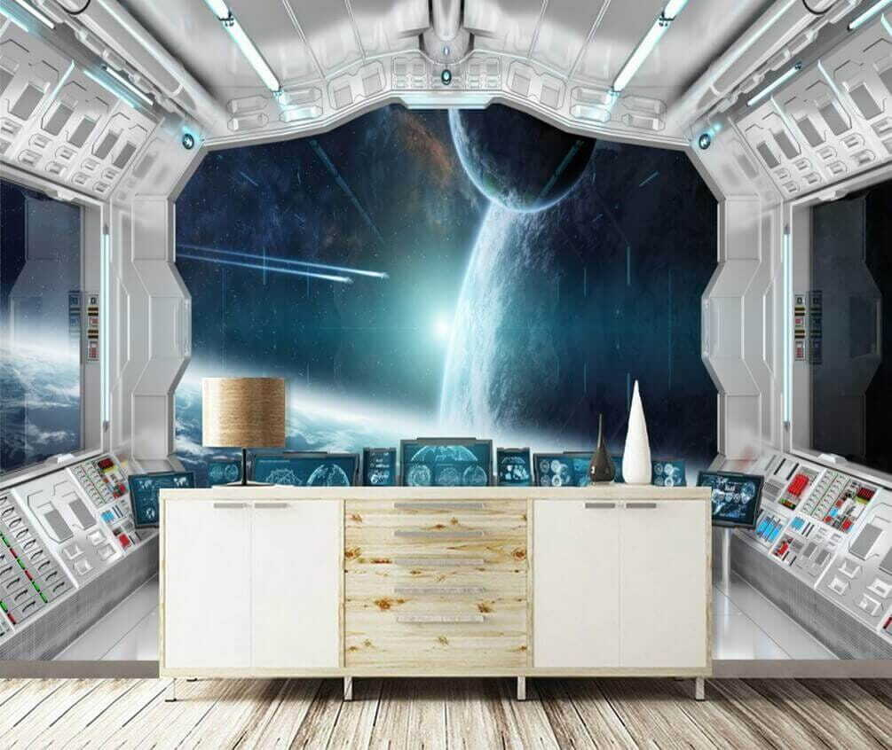 Room with screens and a view of earth from the window Room with screens and a view of earth from the window