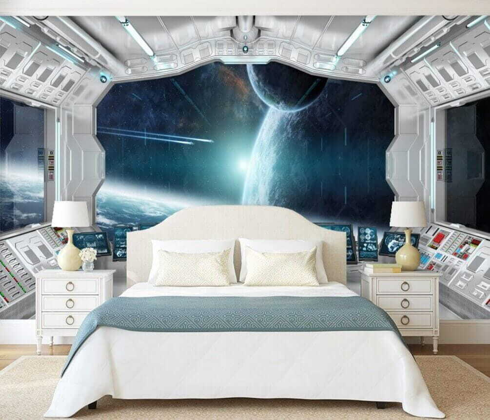 Room with screens and a view of earth from the window Room with screens and a view of earth from the window