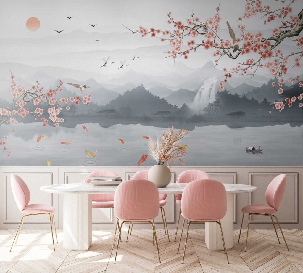 Painting of a river with a waterfall and birds Painting of a river with a waterfall and birds